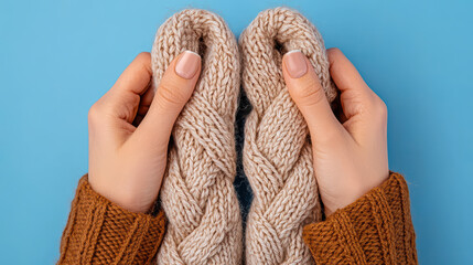Cozy hands holding pair of knitted wool scarves, showcasing intricate patterns