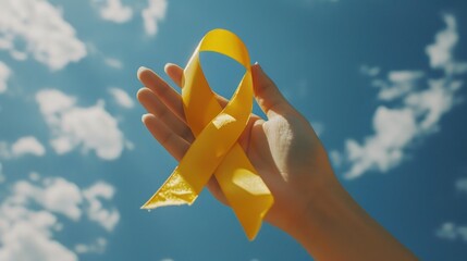 A person's hand holding a yellow ribbon against a backdrop of light blue sky with few clouds, symbolizing awareness and support for a cause.