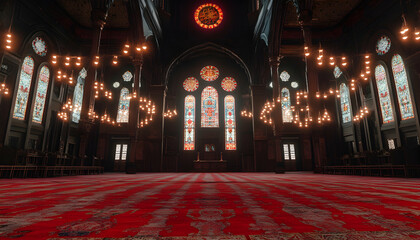 Obraz premium Serene interior of a mosque, featuring intricate stained glass windows, warm lighting, and a rich red carpet. Perfect for themes of peace, spirituality, and architecture.