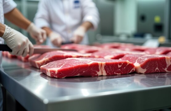 Butchers in gloves cut wagyu beef pieces on stainless steel table. Industrial food production in abattoir. Raw red meat preparation. Meat industry process. Fresh food manufacturing. High quality food