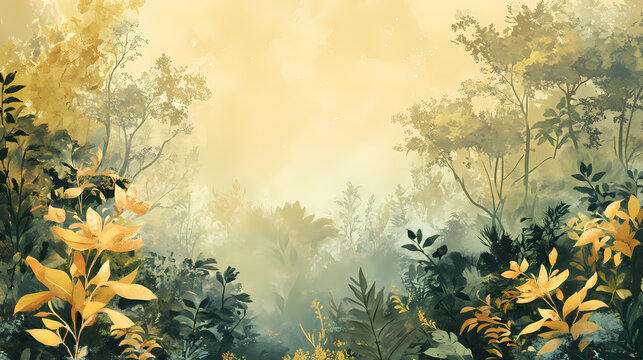 Golden hues blend seamlessly into a lush greenery, creating an ethereal winter wonderland , surreal landscape, dreamy atmosphere, wistful nostalgia. Wistful. Illustration