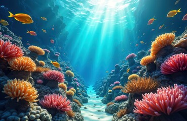 Obraz premium Vibrant coral reef ecosystem teeming with colorful fish. Sunlight streams through water illuminating pathway through textured coral formations. Diverse marine life thrives in tropical ocean