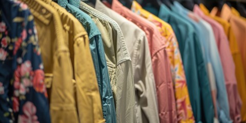Obraz premium Bright, floral print shirts for men and women on display at a retail store. A colorful collection of spring fashion clothing.