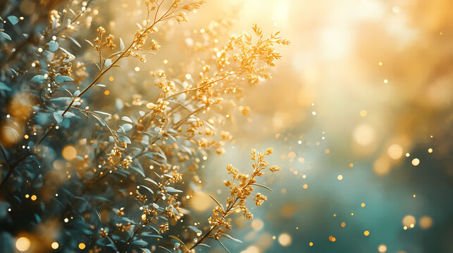 Golden hues blend seamlessly into a lush greenery, creating an ethereal winter wonderland , soft light, wistful nostalgia. Wistful. Illustration