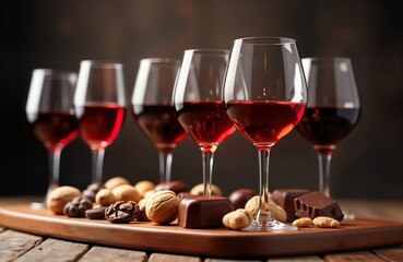 Wine, chocolate pairing. Various red wines, chocolates presented on wooden board. Wine glasses with red wine. Different types of chocolate, nuts. Enjoyment, indulgence. Exquisite food, drink