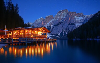 Obraz premium A magical evening at Lago di Braies, with the Dolomite mountains silhouetted against a starry night sky and the lake glowing in moonlight