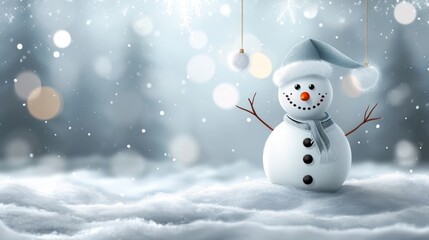 Santa Claus and snowman in a Christmas setting with falling snowflakes.