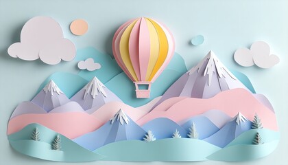 A magical hot air balloon in paper craft art, flying over pastelcolored mountains with a childlike design, perfect for a baby nursery wall art