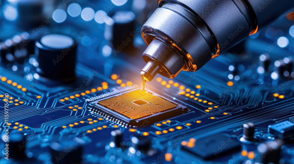 Poster close up of robotic arm assembling microchip on circuit board, showcasing precision and technology i