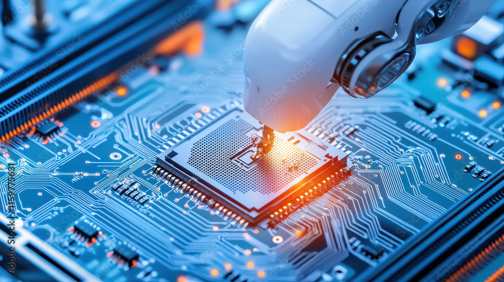 Poster robotic arm assembling microchip on circuit board, showcasing precision and technology
