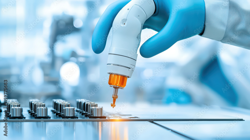 Poster robotic arm with precision tool is assembling electronic components in modern factory. scene showcas