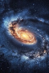 Spiral galaxy with a yellow star in the center. The galaxy is filled with stars and is surrounded by a blue sky