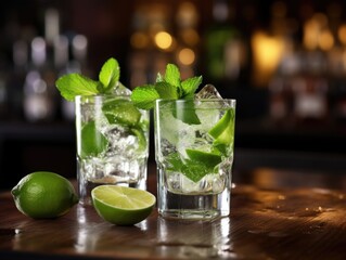 The image features two cocktails in highball glasses garnished with mint leaves and lime wedges. The drinks are served over ice, with a simple sugar rim on one of the glasses.