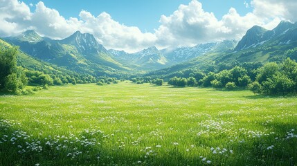 Obraz premium Mountain Valley Meadow Abundant Wildflowers Lush Green Landscape