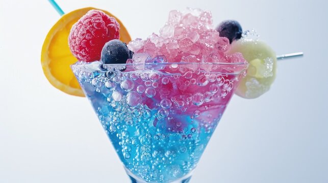 Fruit-topped cocktail on ice cubes. Ice cream scoop with colored sugar cubes.
