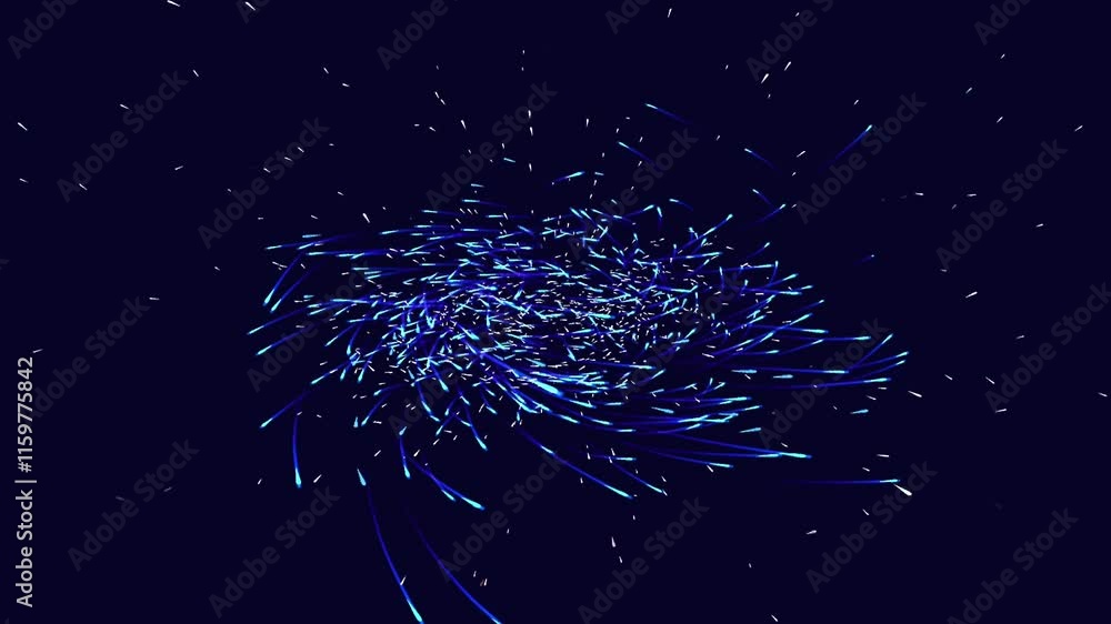 Poster dynamic blue swirling light streaks with glowing particles scattered on a dark background