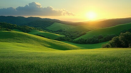 Obraz premium Rolling Green Hills Sunset Landscape Scene