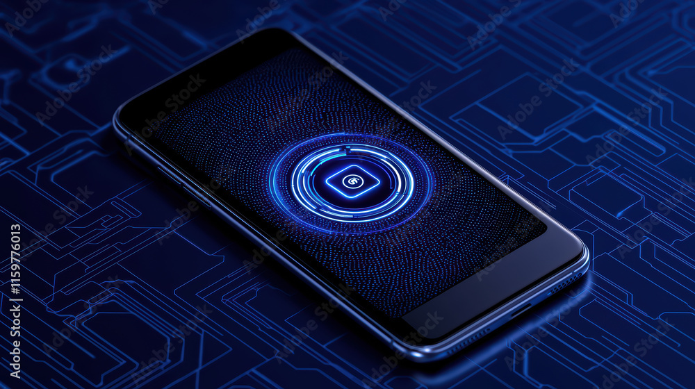 Poster close up of sleek smartphone displaying futuristic interface on dark background, showcasing advanced