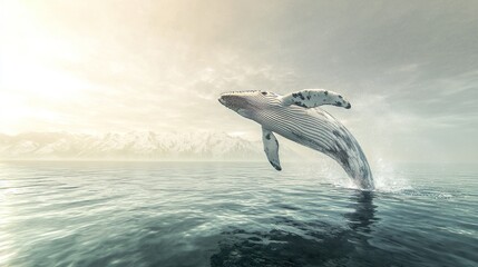 Fototapeta premium Humpback whale breaching in ocean, mountains background.