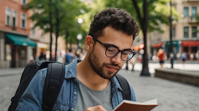 study abroad, Young traveler exploring city with a study guide

