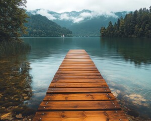 Obraz premium A rustic wooden walkway hugging the shoreline of Lake Bled, surrounded by lush forests and distant alpine peaks