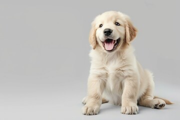 An adorable young golden retriever puppy with a joyful expression, sitting comfortably and ready to play.