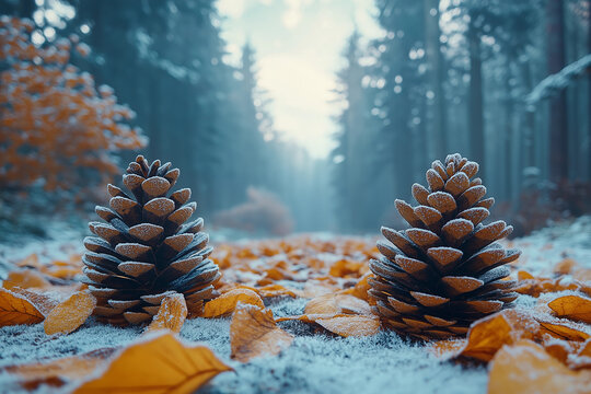 Frosty pine cones on a snowy forest path, surrounded by fallen autumn leaves. - Powered by Adobe