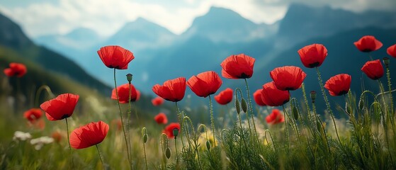 Obraz premium A stunning landscape featuring Rhaetian Alps poppies Papaver alpinum swaying in the wind, set against the dramatic peaks of the Dolomites