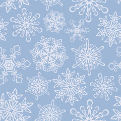 Blue background with snowflakes. Merry Christmas seamless pattern design. Holiday snow graphic. Cold color palette repetitive illustration. Winter wallpaper art.