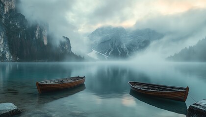 Fototapeta premium A tranquil scene of Lago di Braies at sunrise, with pastel skies and wooden boats floating on the crystalclear water