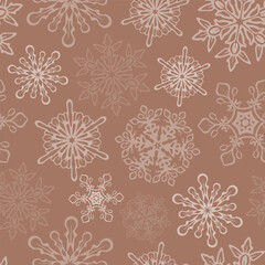 Mocha mousse background with snowflakes. Merry Christmas seamless pattern design. Holiday brown tone snowflakes. Trending color palette repetitive illustration. Winter wallpaper art.