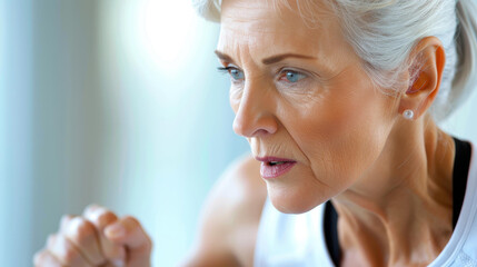 An active senior woman stays fit and healthy with a treadmill workout at home, defying age stereotypes.