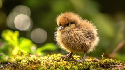 Fototapeta premium Adorable fluffy brown chick standing on moss.