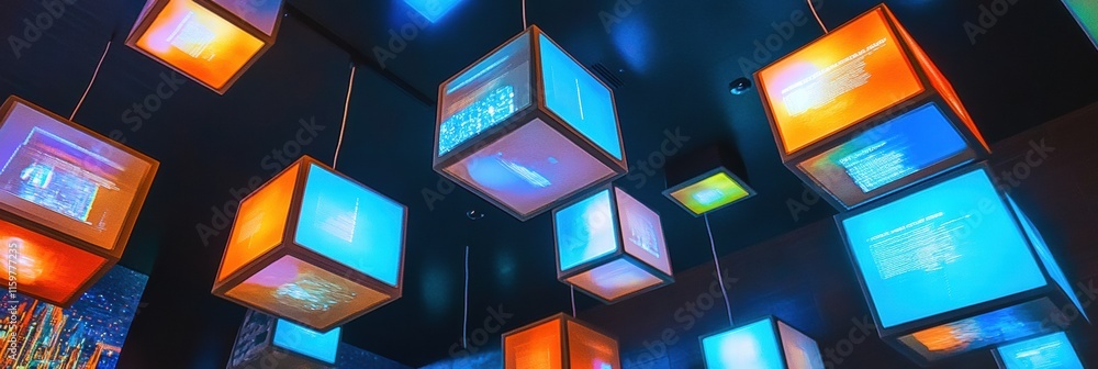 Leinwandbilder Floating cubes display abstract text and symbols in a modern indoor space filled with vibrant colors and dynamic lighting. Generative AI