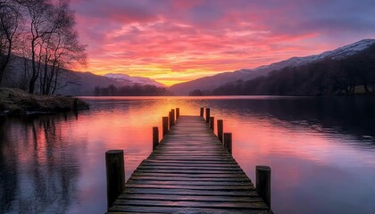 Fototapeta premium A weathered wooden pier extending into a calm lake under a dramatic sunset, with vivid orange and pink skies