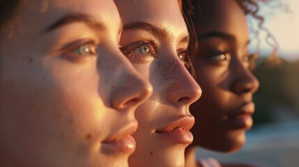 Portrait of girls looking at the camera against sunset background.