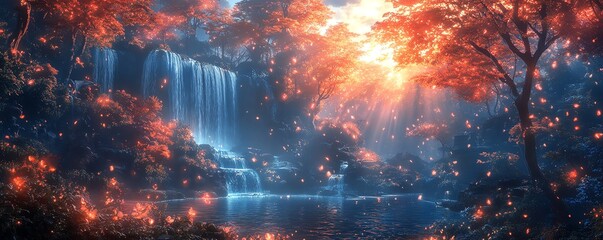An enchanting and colorful imaginary world, with cascading waterfalls, glowing trees, and happy beings basking in radiant sunlight