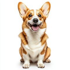Smiling corgi with fluffy ears and playful expression against white background