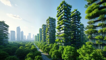 Fototapeta premium Eco friendly buildings with vertical gardens. Modern sustainable architecture design with green walls on skyscrapers. Rich green trees, plants cover buildings. Cityscape with tall buildings, road in