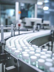 Obraz premium A conveyor belt inside a pharmaceutical manufacturing plant