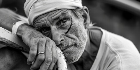 An elderly male worker looking downward with a contemplative expression, wearing safety gear.