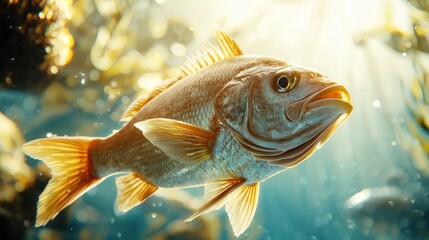 Obraz premium Underwater sunlit scene of a fish swimming amidst kelp.