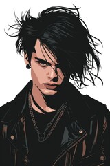 Man with long hair and a black jacket. He is wearing a necklace and earrings