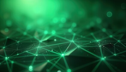 Abstract geometric pattern design with vibrant lime green lines, shapes. Interconnected network of glowing points creates futuristic tech background. Sleek, modern digital illustration for