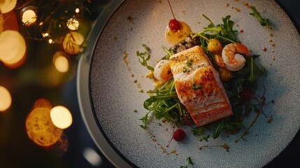 Gourmet salmon dish with shrimp, salad, and festive lights.