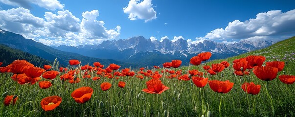 Closeup of Rhaetian Alps poppies Papaver alpinum growing among alpine grasslands, with the majestic Dolomites towering in the distance
