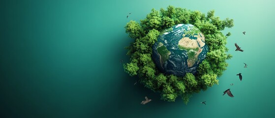 Fototapeta premium Earth Day concept with a green Earth, abundant trees, wildlife, and oceans, symbolizing ecofriendly choices to preserve nature for future generations