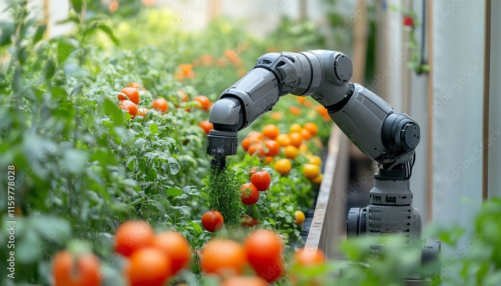 Poster a vision of automated farming, where robots plant, irrigate, and harvest crops efficiently with the 