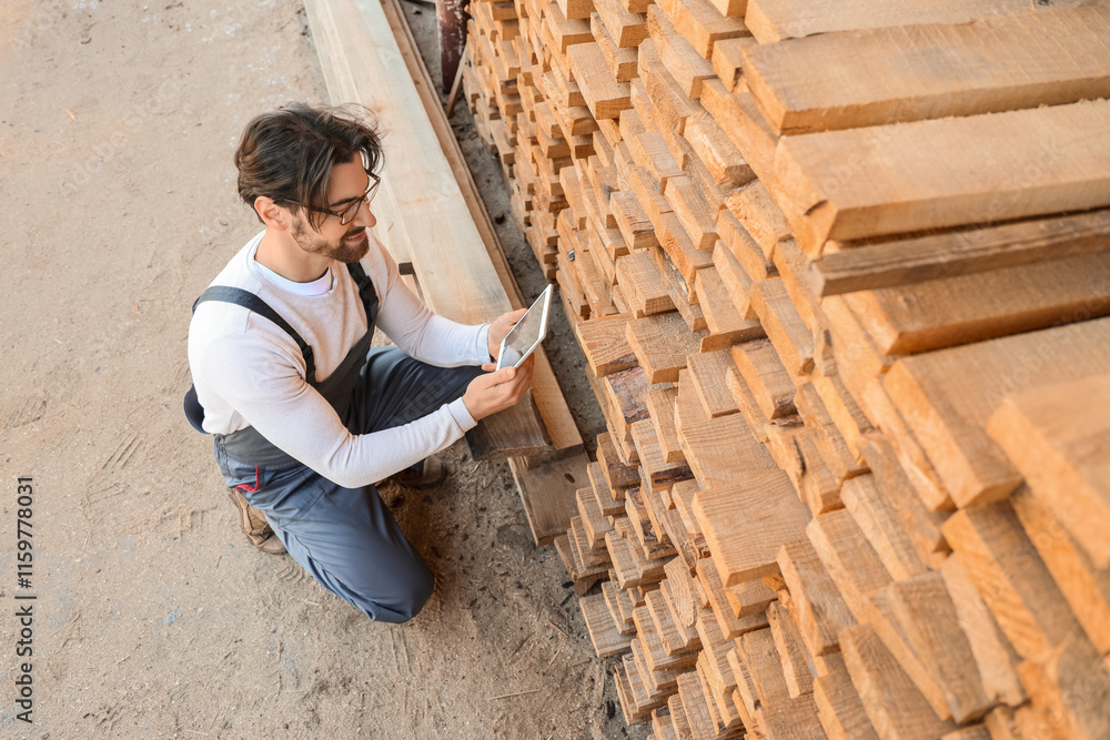 Wall mural Male carpenter working with tablet computer near wooden planks at sawmill