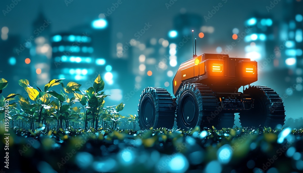Poster a vision of automated farming, where robots plant, irrigate, and harvest crops efficiently with the 